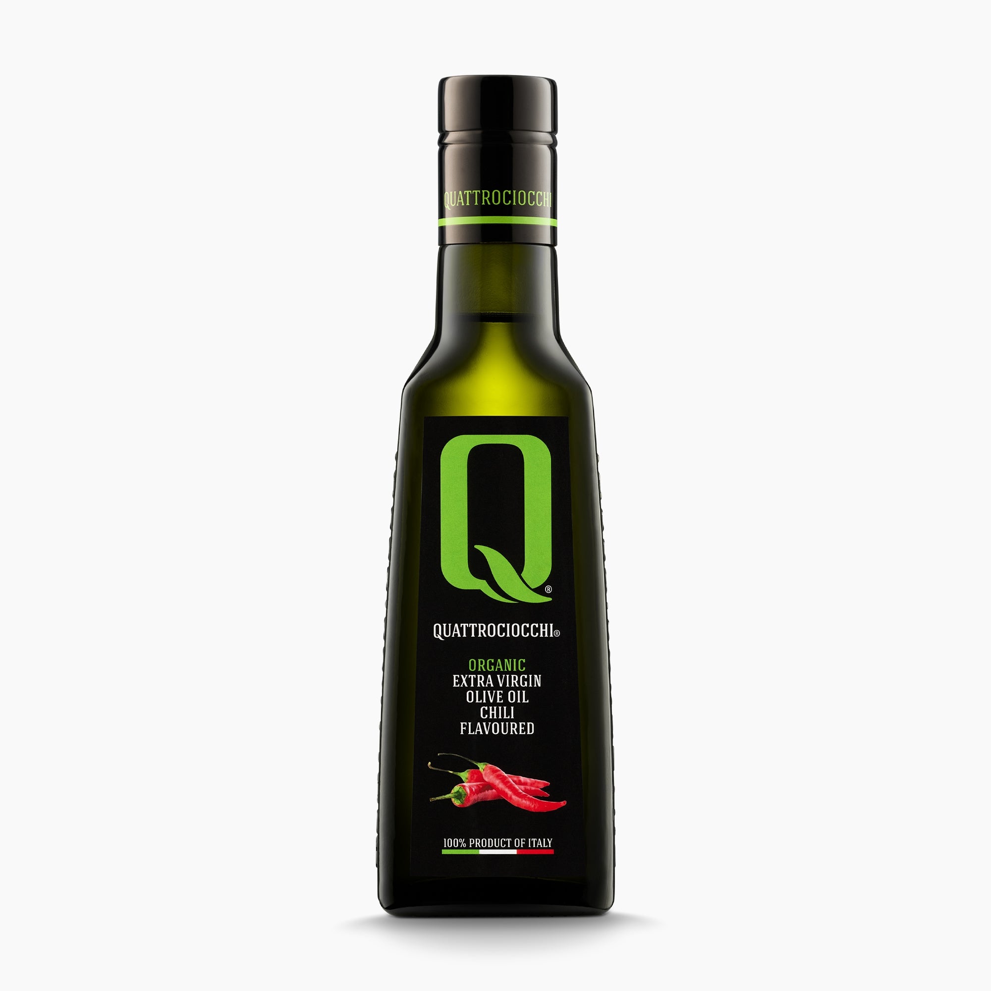 250 ml bottle of Quattrociocchi Peperoncino flavored extra virgin olive oil from Lazio, Italy.