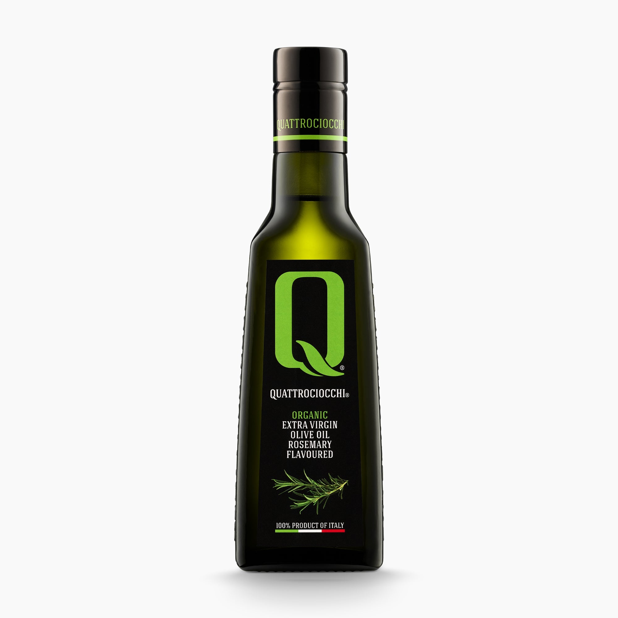 250 ml bottle of Quattrociocchi Rosemary flavored extra virgin olive oil from Lazio, Italy.