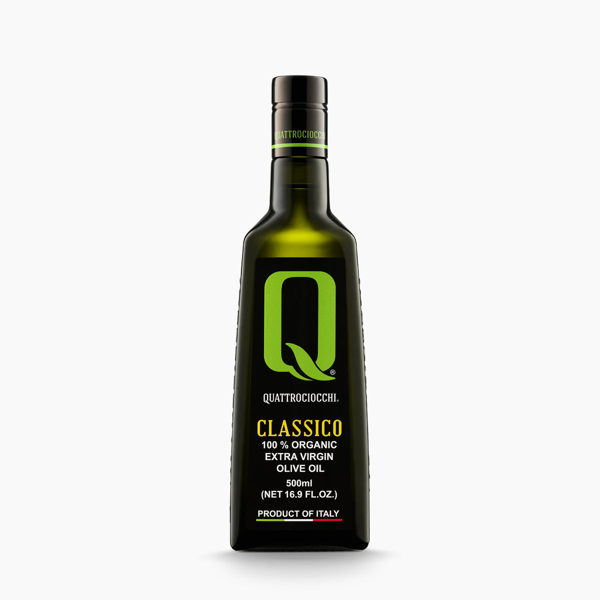 A 500 ml bottle of Quattrociocchi Classico Organic extra virgin olive oil from Lazio, Italy.