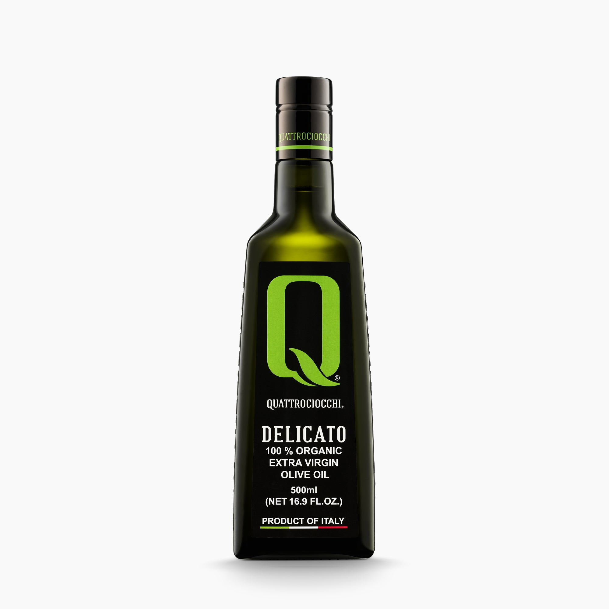 500 ml bottle of Quattrociocchi Delicato Organic extra virgin olive oil from Lazio, Italy.
