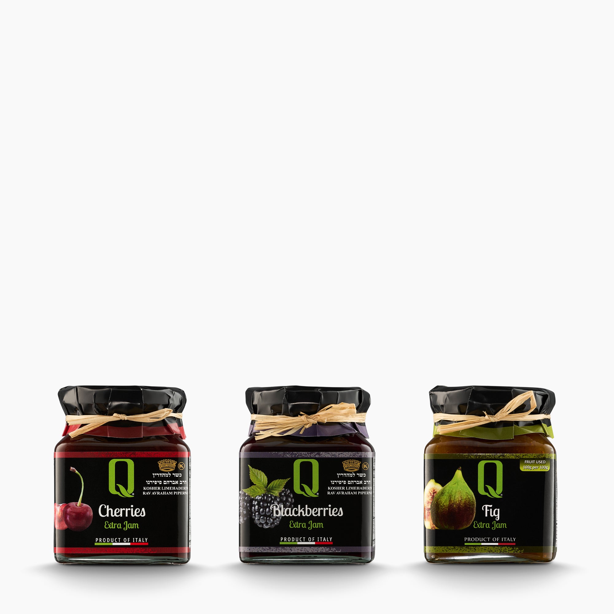 Quattrociocchi Fruit Preserve Trio set with Cherry, Blackberry, and Fig jams.