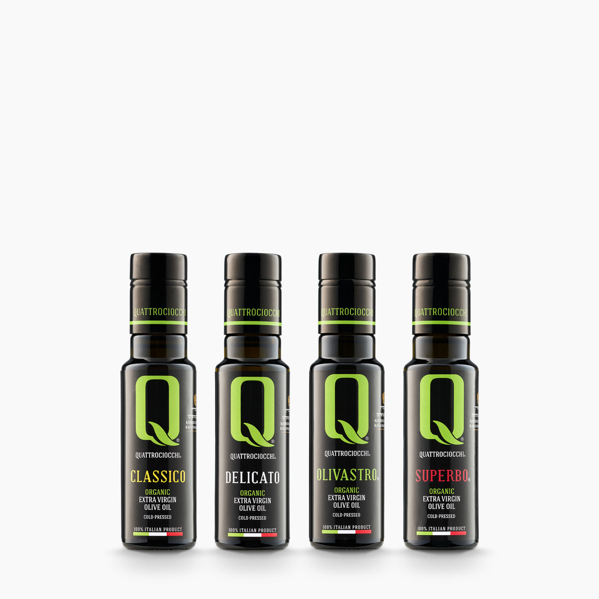 Quattrociocchi Organic Mini Quattro set with four 100 ml olive oil bottles: Classico, Delicato, Olivastro, and Superbo.