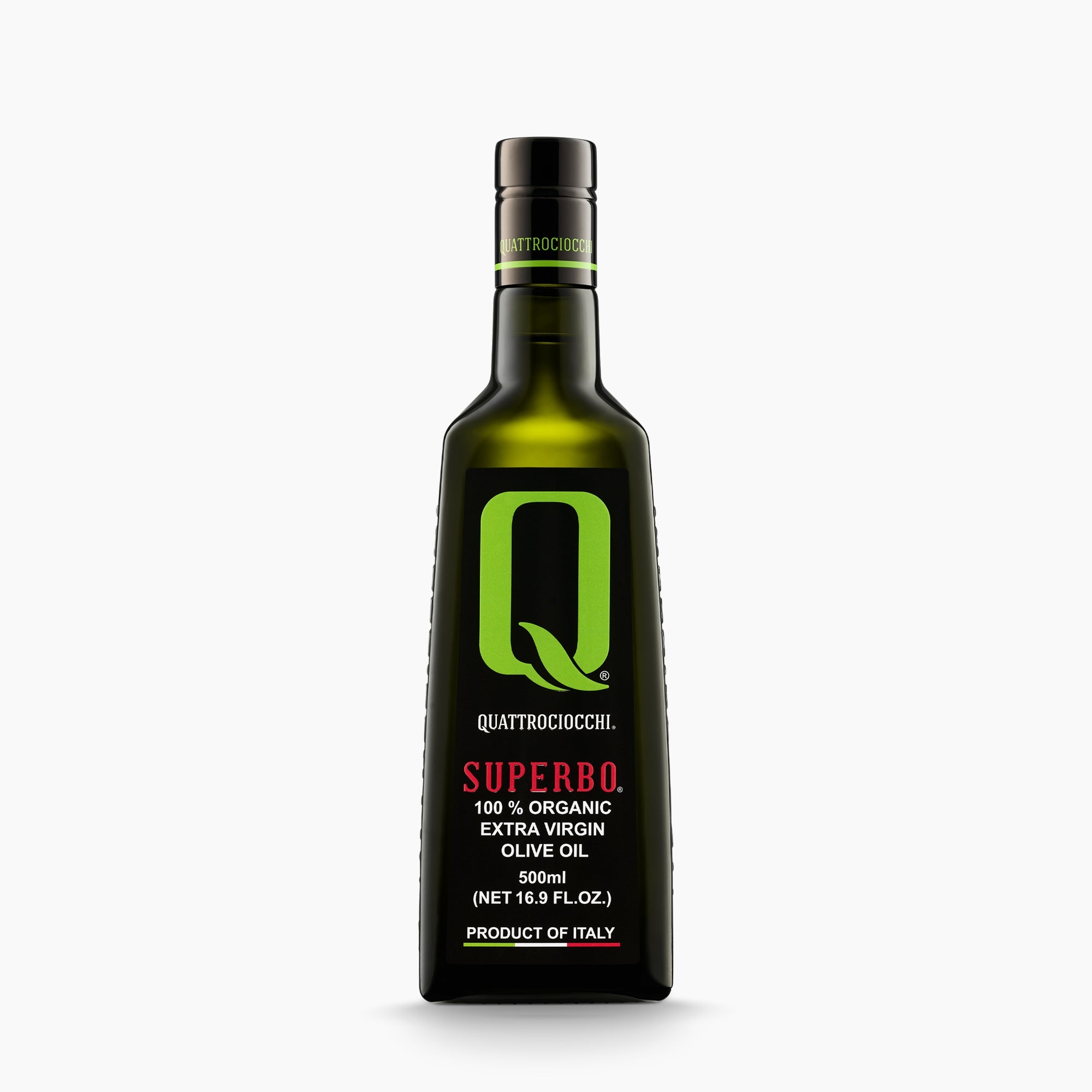 Quattrociocchi Superbo Organic extra virgin olive oil in a 500 ml dark glass bottle.