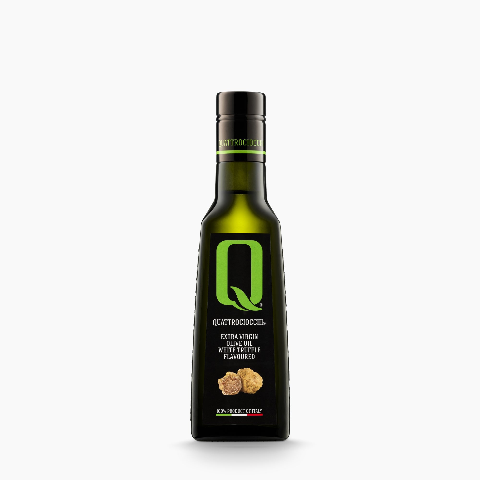 250 ml bottle of Quattrociocchi Truffle flavored extra virgin olive oil from Lazio, Italy.