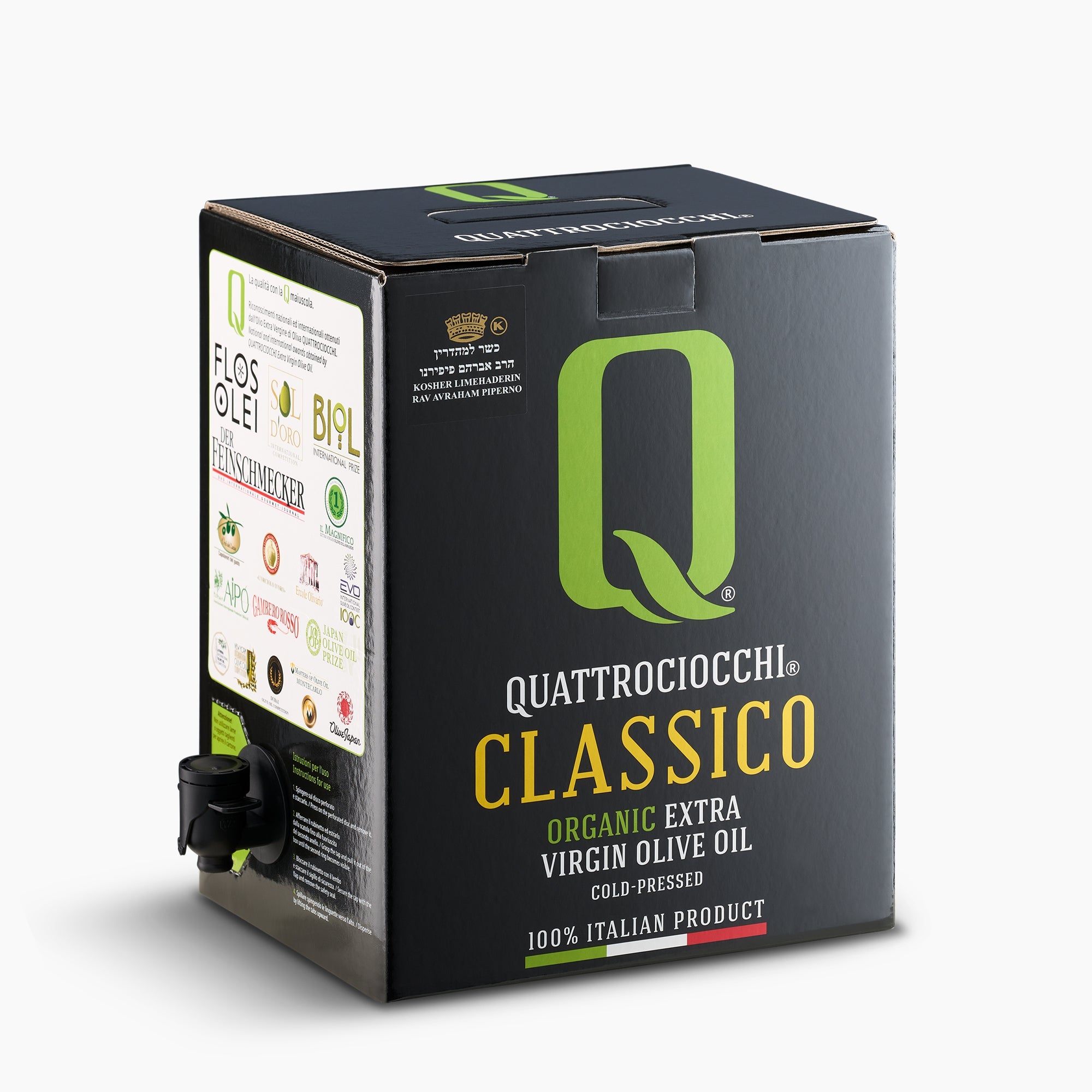 Quattrociocchi Classico Organic 5L bag-in-box from Lazio, Italy, with the dispensing spout extended.