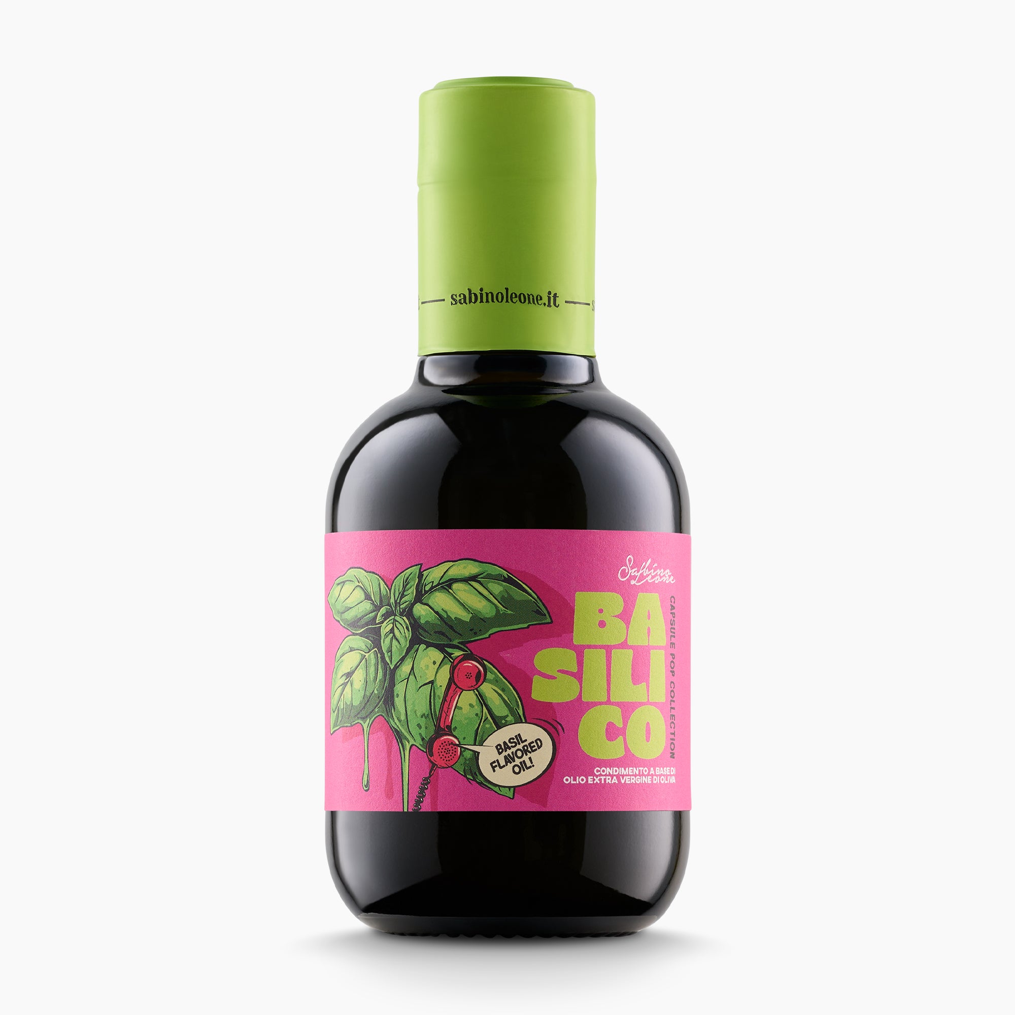 250 ml bottle of Sabino Leone Basil flavored extra virgin olive oil.