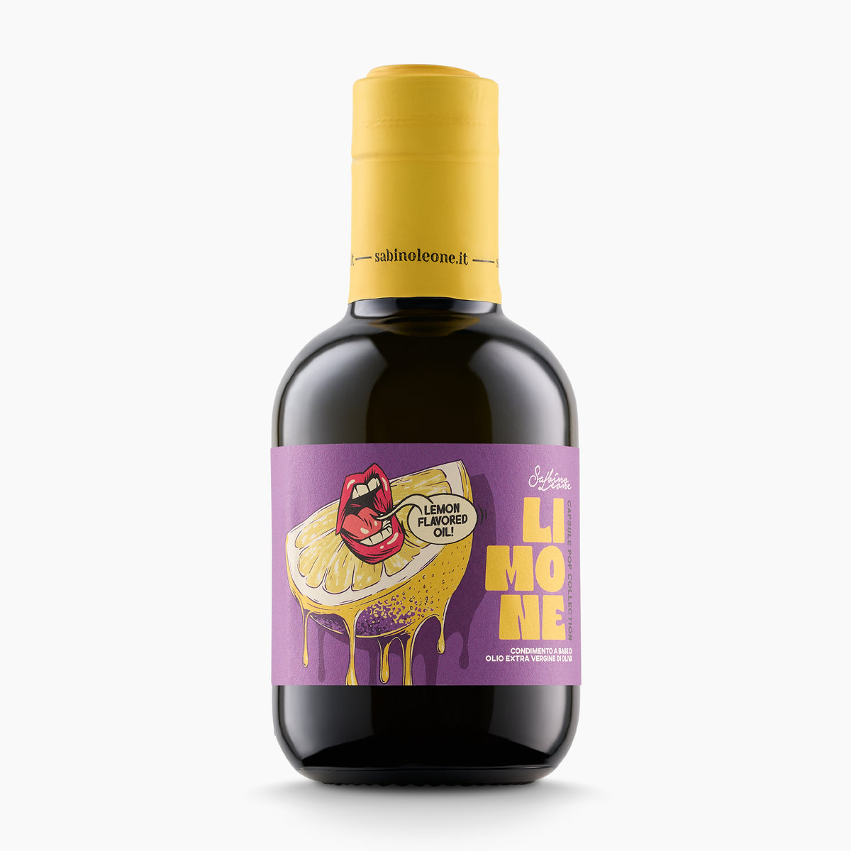 250 ml bottle of Sabino Leone Lemon flavored extra virgin olive oil.
