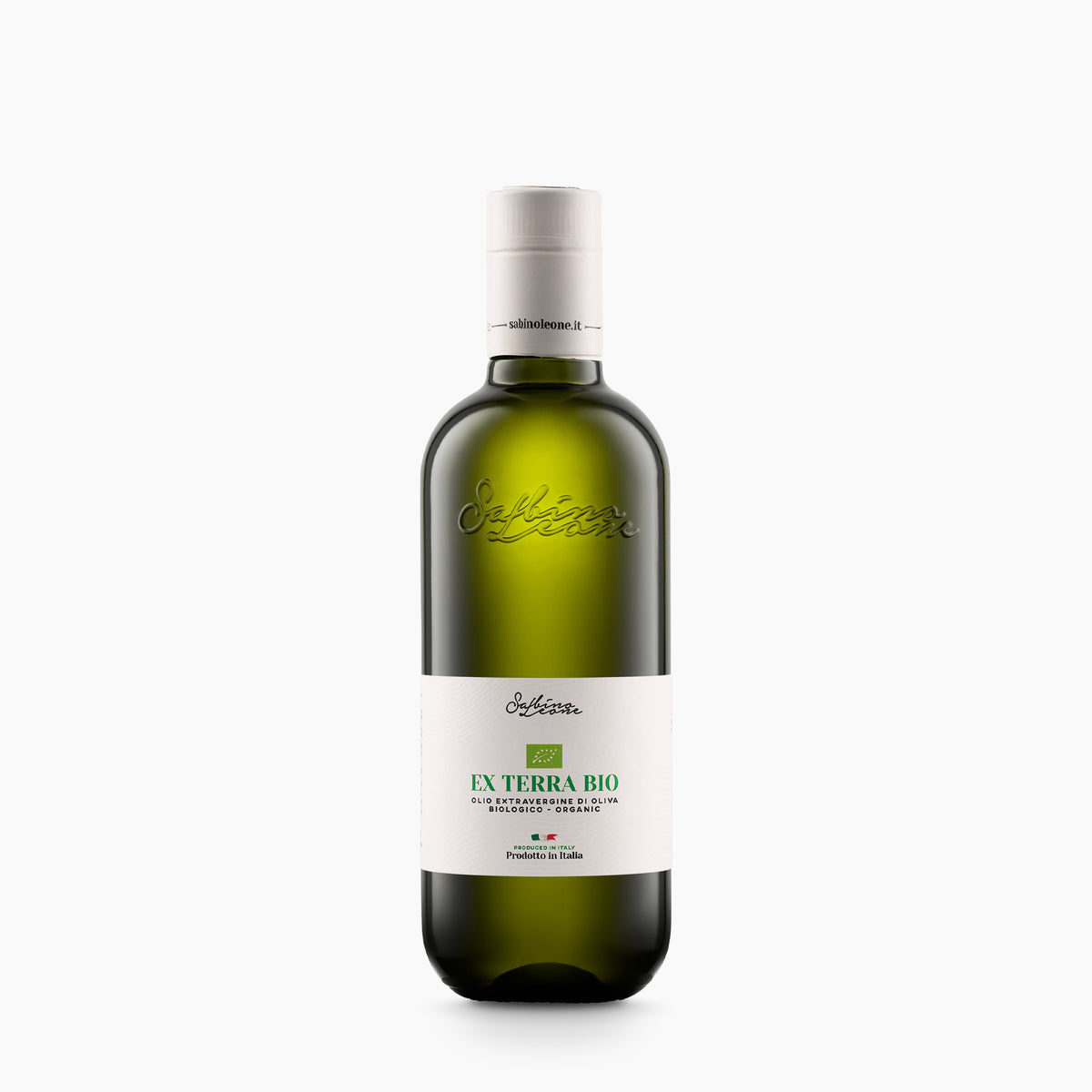 A 500 ml bottle of Sabino Leone Ex Terra Organic extra virgin olive oil from Puglia, Italy.