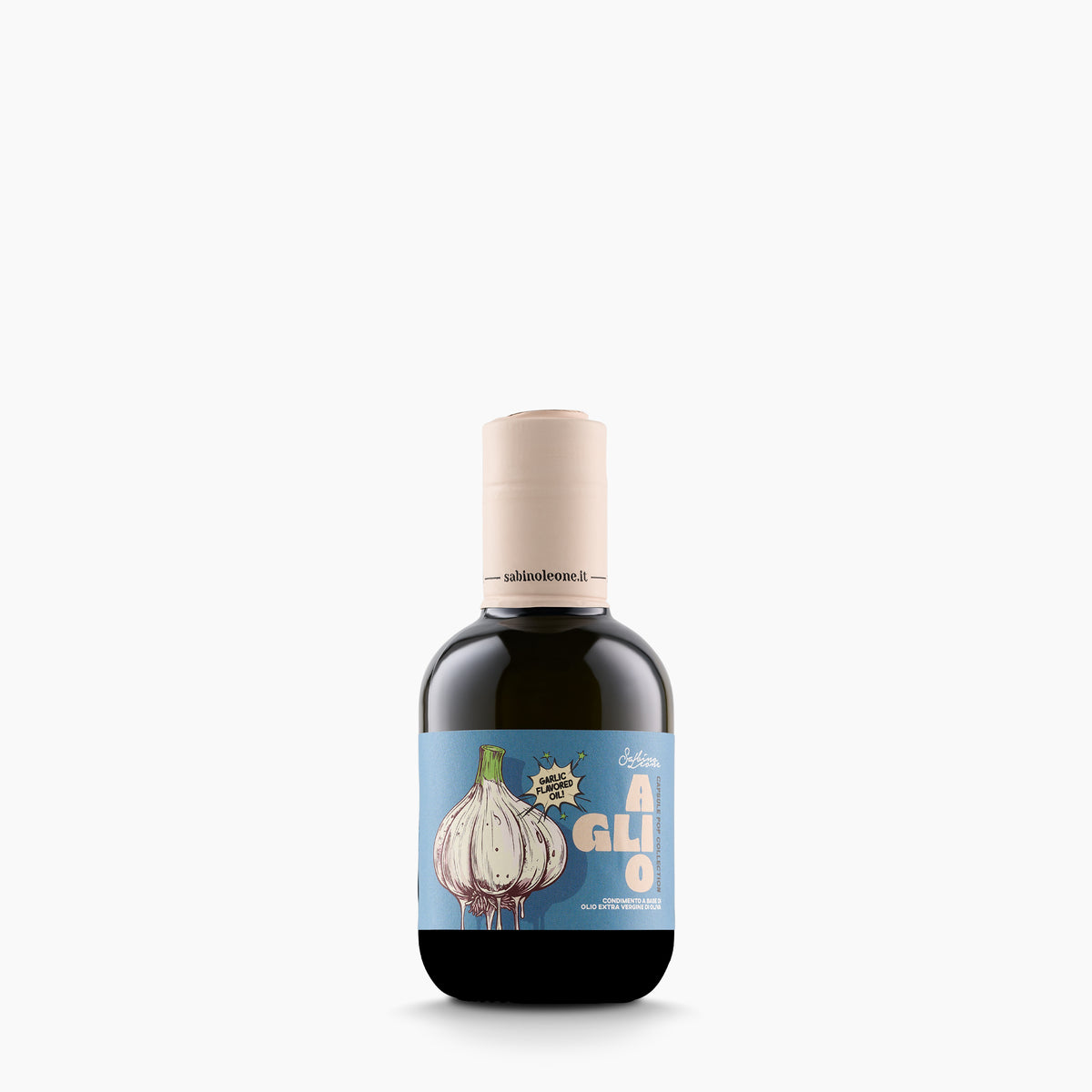 250 ml bottle of Sabino Leone Garlic flavored extra virgin olive oil.