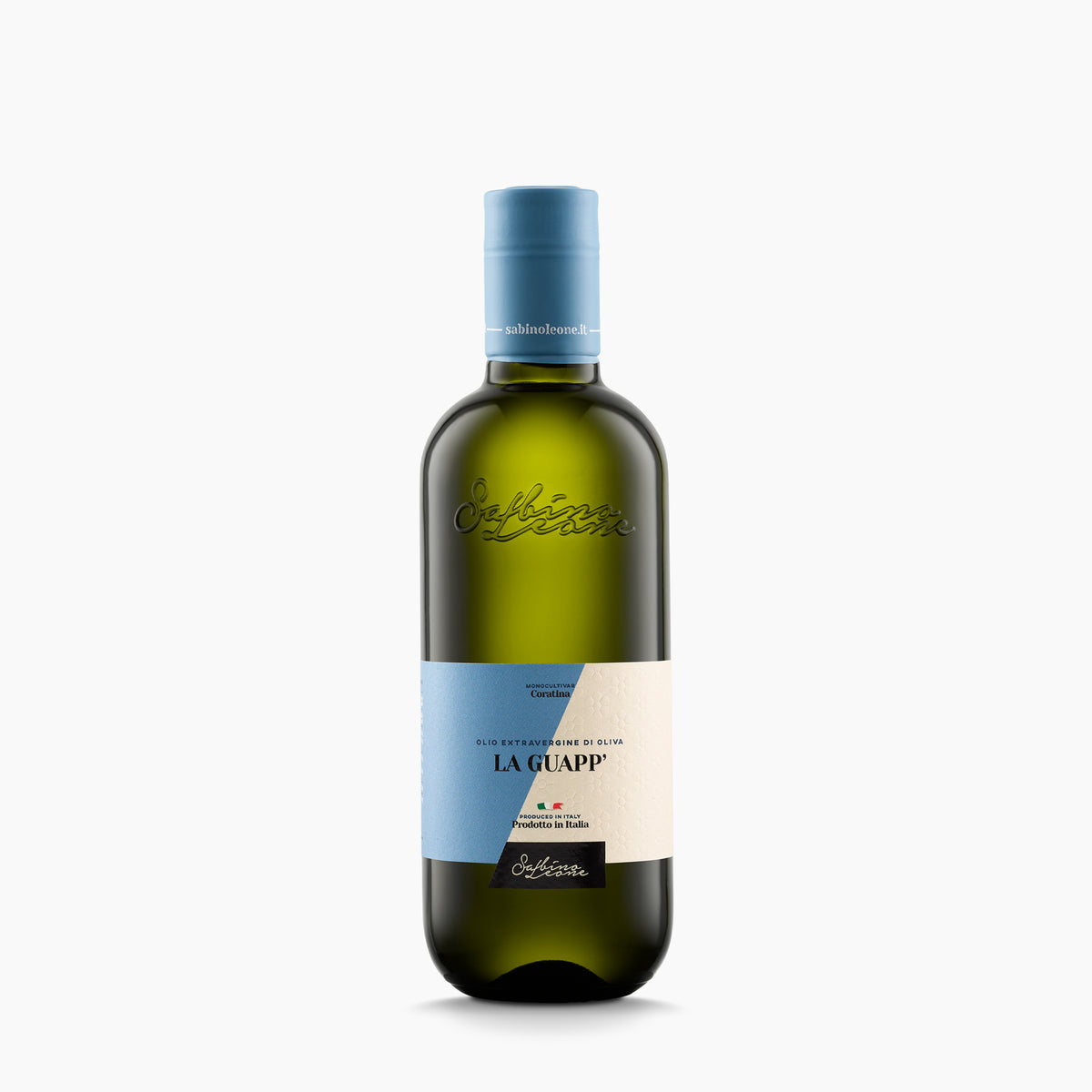 500 ml bottle of Sabino Leone La Guapp extra virgin olive oil from Puglia, Italy.