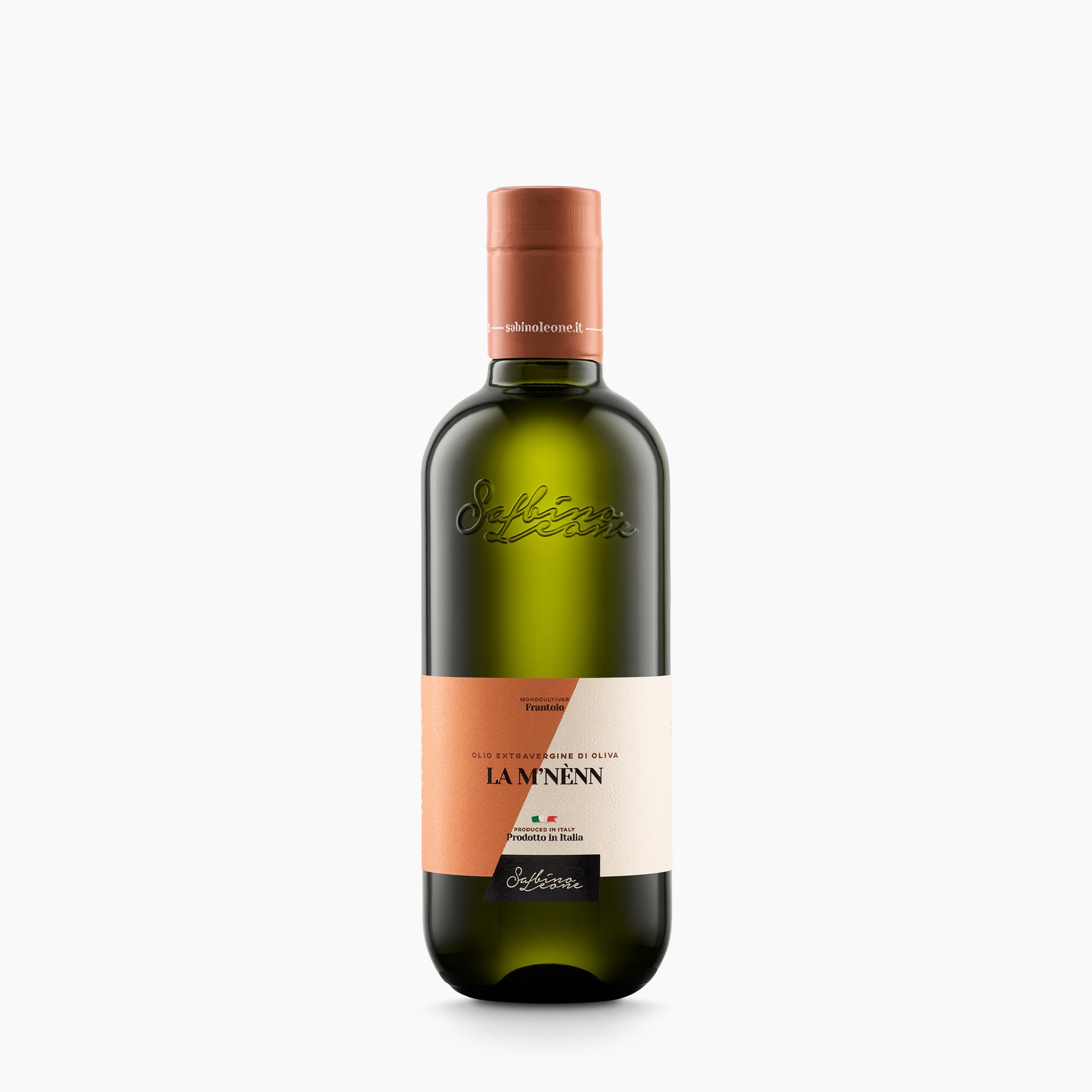 500 ml bottle of Sabino Leone La M'Nenn extra virgin olive oil from Puglia, Italy.