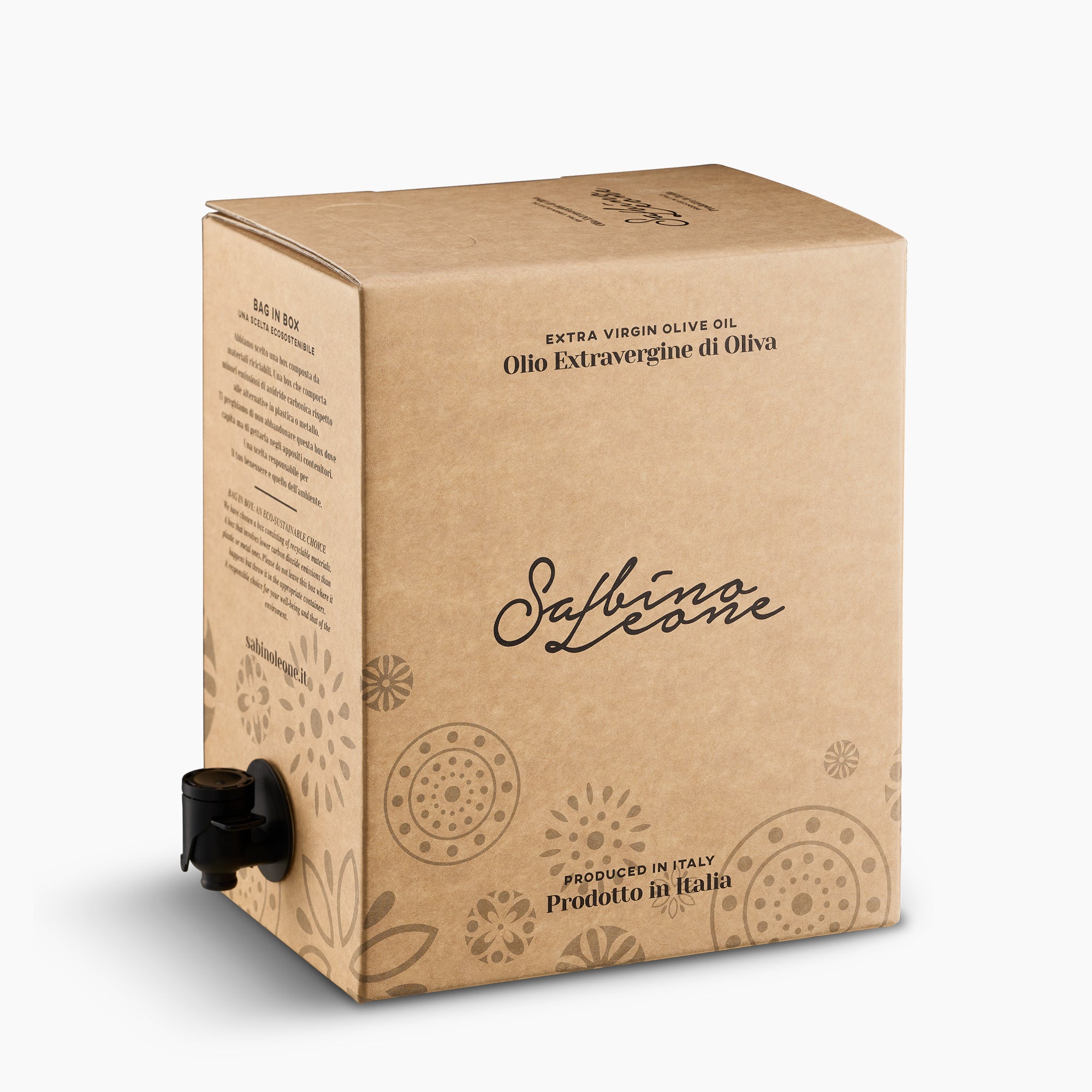 Sabino Leone Coratina 5L Bag-in-Box extra virgin olive oil with dispensing spout extended.