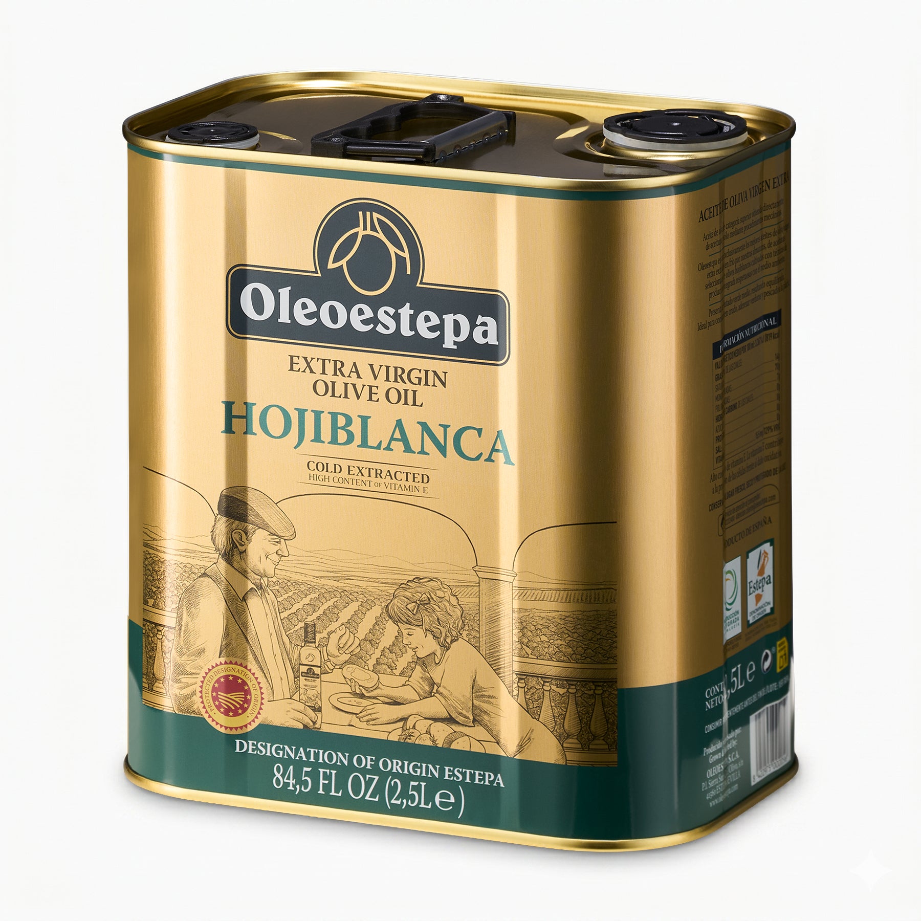 Angled view of Oleoestepa Hojiblanca 2.5L extra virgin olive oil tin from Andalusia, Spain.