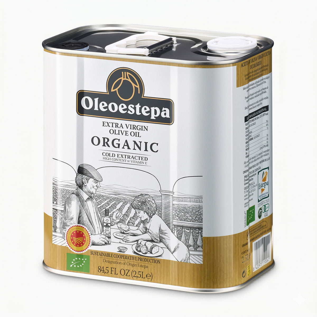 Angled view of Oleoestepa Organic 2.5L extra virgin olive oil tin from Andalusia, Spain.