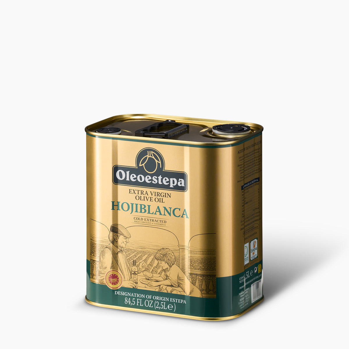 Angled view of Oleoestepa Hojiblanca 2.5L extra virgin olive oil tin from Andalusia, Spain.