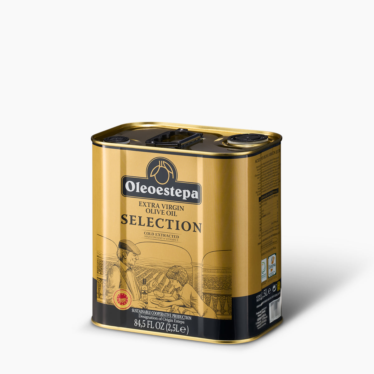 Angled view of Oleoestepa Seleccion 2.5L Tin extra virgin olive oil from Andalusia, Spain.