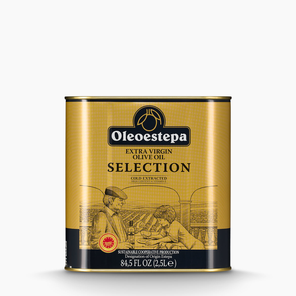 A 2.5L Tin of Oleoestepa Seleccion extra virgin olive oil from Andalusia, Spain.