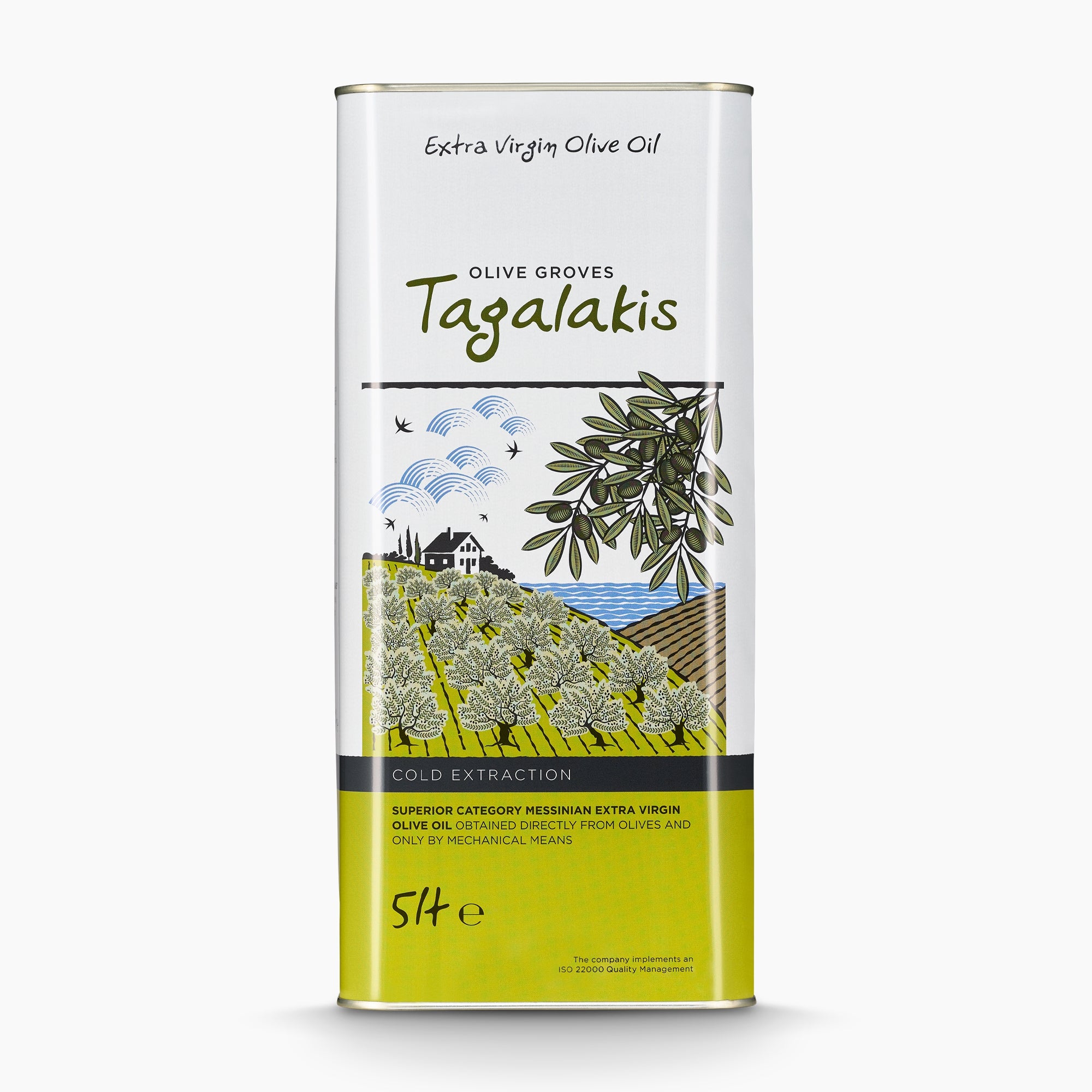 A 5L Tin of Tagalakis Elaiones extra virgin olive oil from Peloponnese, Greece.