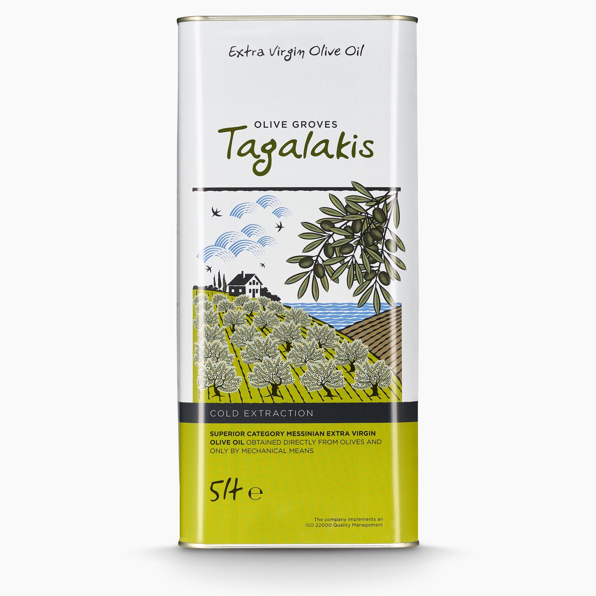 A 5L Tin of Tagalakis Elaiones extra virgin olive oil from Peloponnese, Greece.