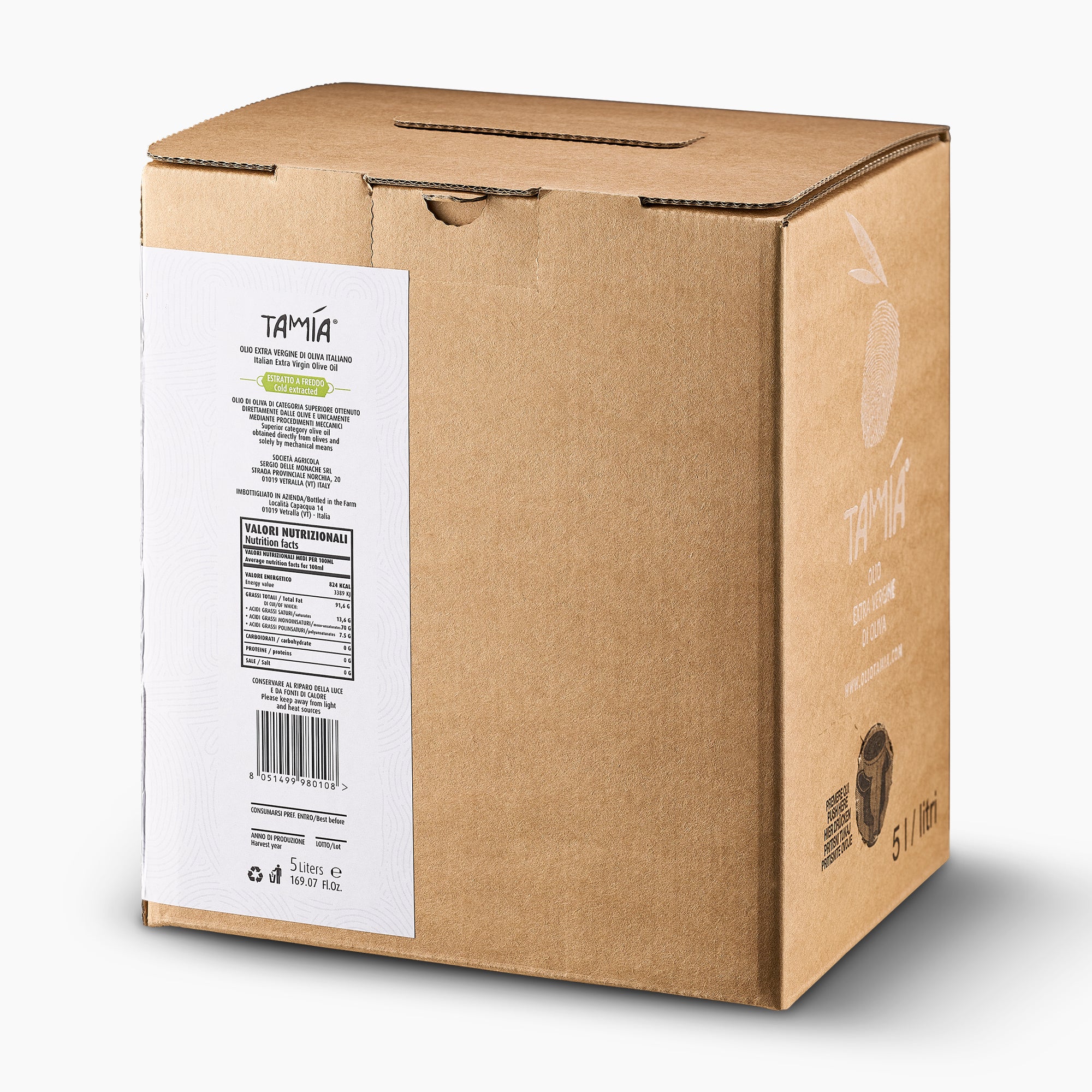 Angled view of Tamia Green extra virgin olive oil in a 5L Bag-in-Box.