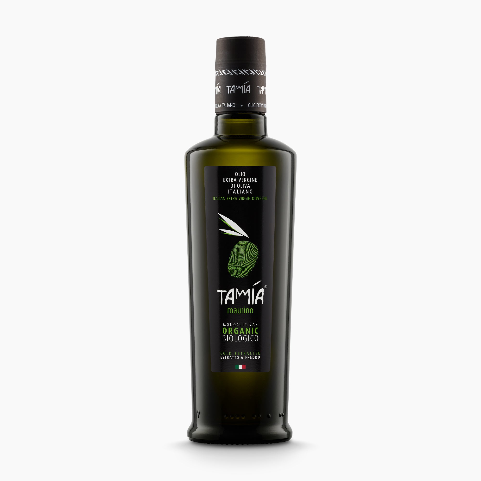 500 ml bottle of Tamia Maurino Organic extra virgin olive oil from Lazio, Italy.