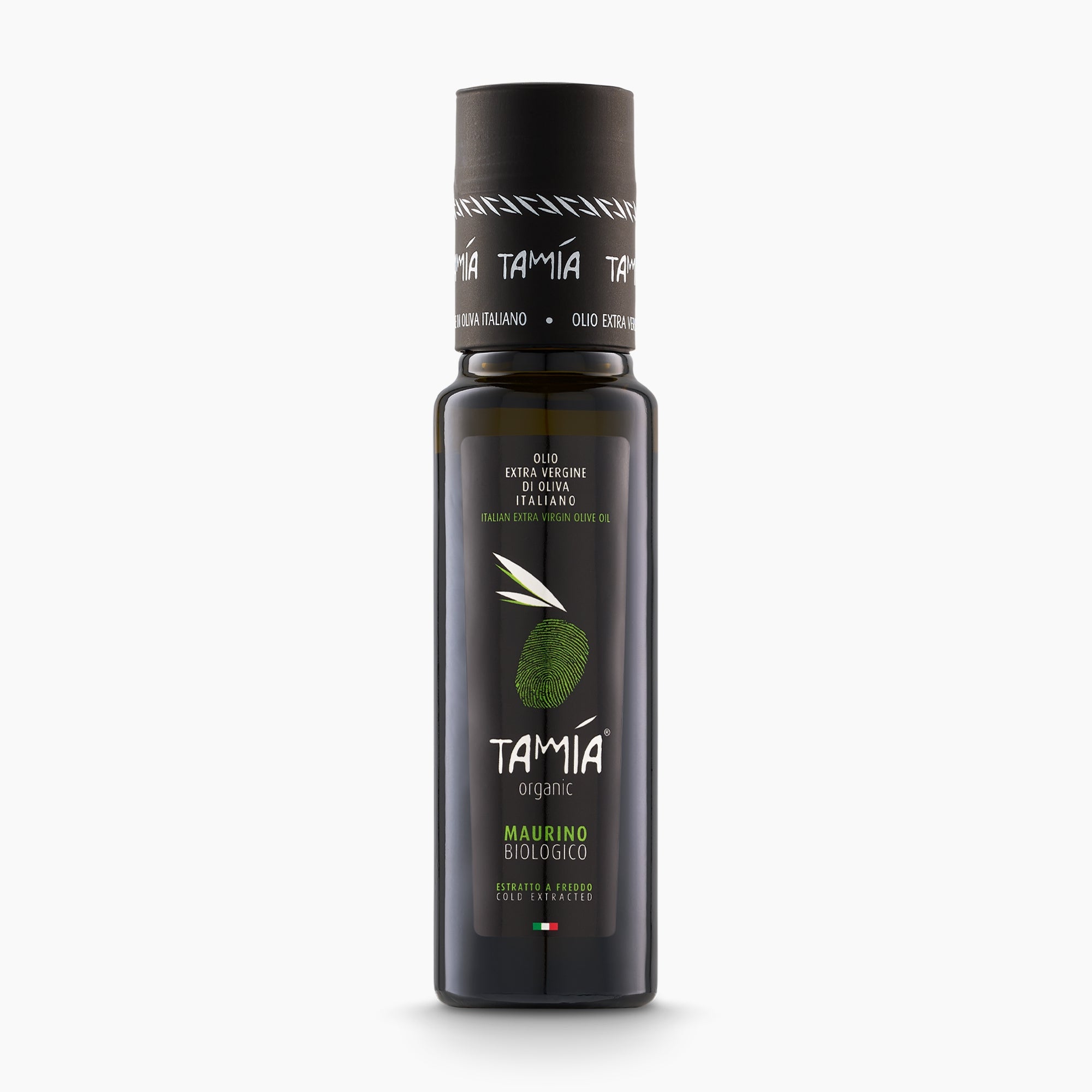 100 ml bottle of Tamia Maurino Organic extra virgin olive oil from Lazio, Italy.