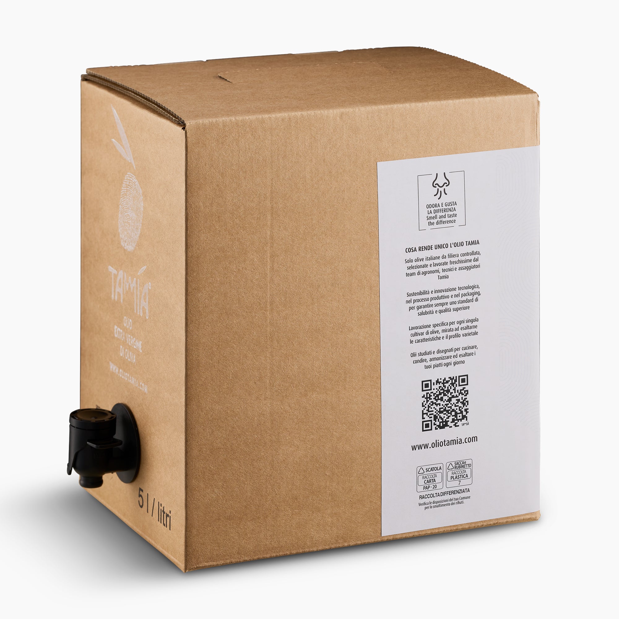 Tamia Organic extra virgin olive oil in 5L Bag-in-Box with dispensing spout extended.