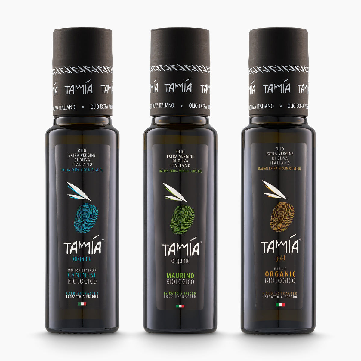 Tamia Organic Mini Trio set with three 100 ml extra virgin olive oil bottles; Caninese, Maurino, and Gold.