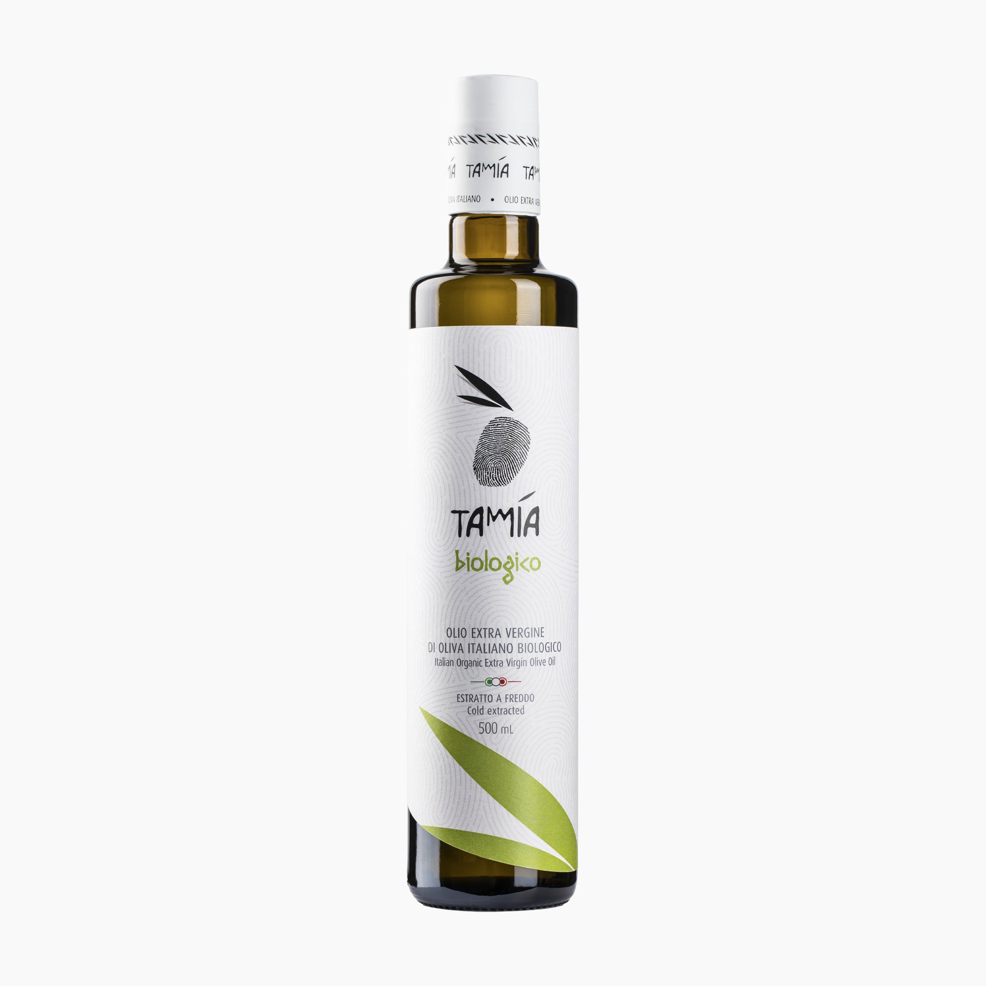 500 ml bottle of Tamia Organic extra virgin olive oil from Lazio, Italy.