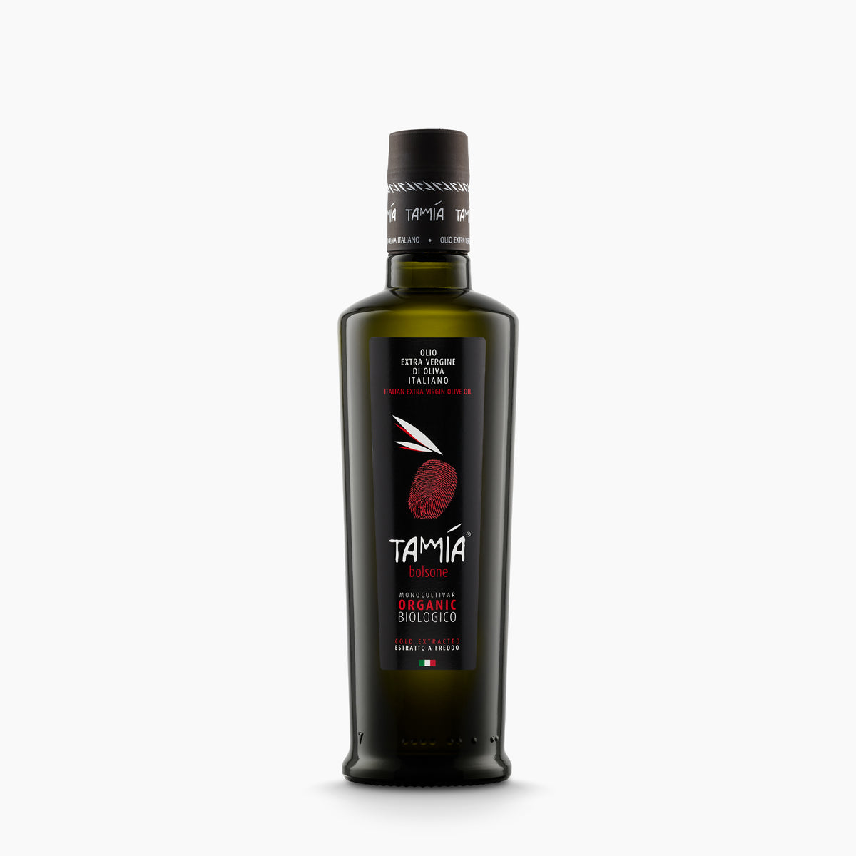 500 ml bottle of Tamia Bolsone Organic extra virgin olive oil from Lazio, Italy.