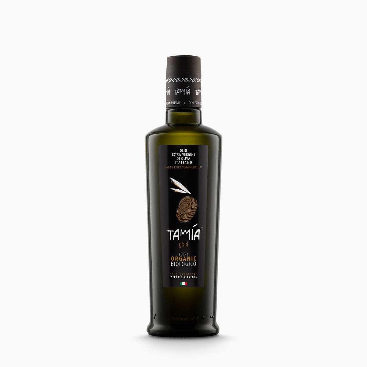 A 500 ml Tamia Gold Organic extra virgin olive oil bottle from Lazio, Italy.