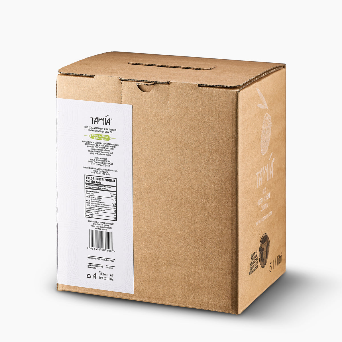 Angled view of Tamia Green extra virgin olive oil in a 5L Bag-in-Box.