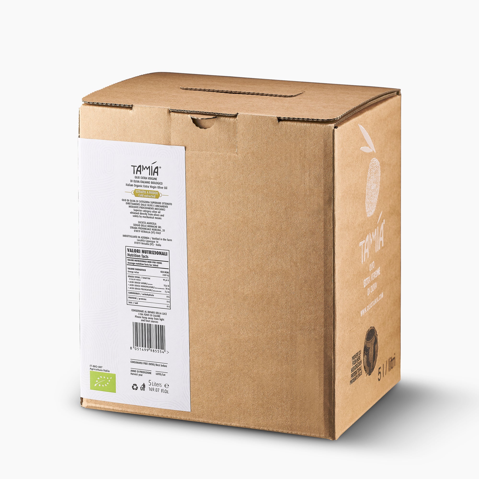 Angled view of Tamia Organic extra virgin olive oil in a 5L Bag-in-Box.