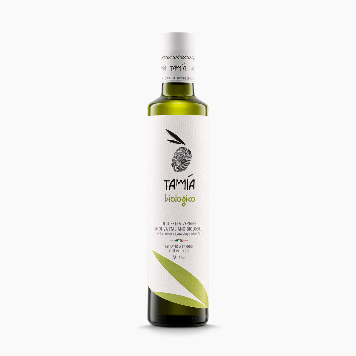 500 ml bottle of Tamia Organic extra virgin olive oil from Lazio, Italy.