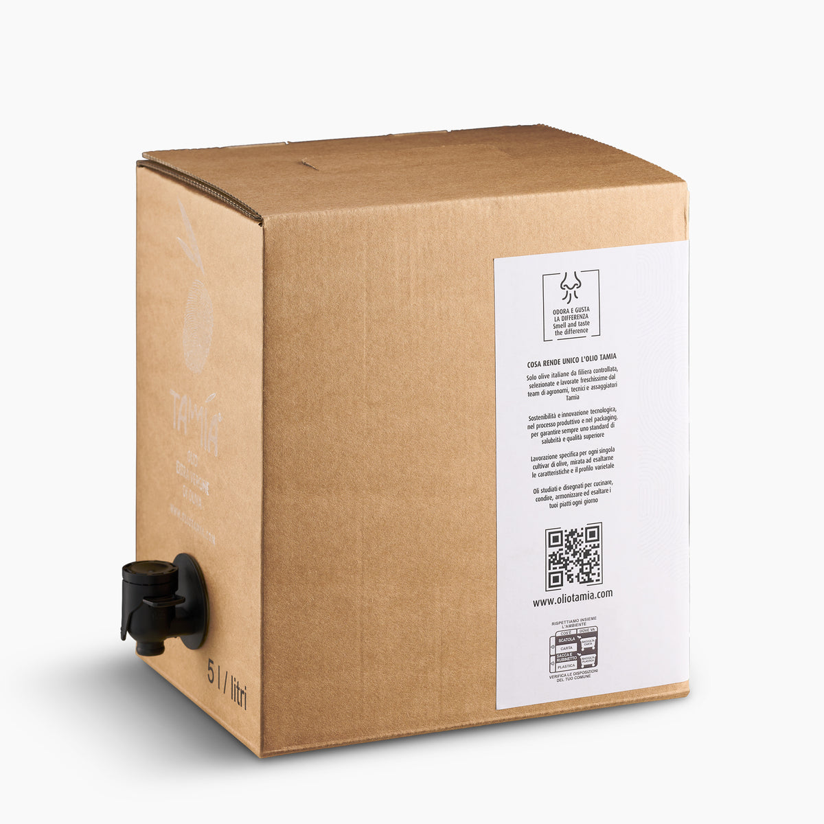 Tamia Green extra virgin olive oil in 5L Bag-in-Box with dispensing spout extended.