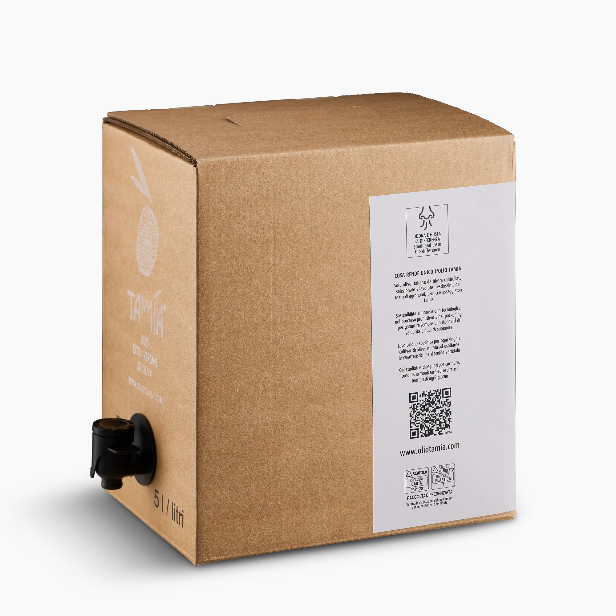 Tamia Organic extra virgin olive oil in 5L Bag-in-Box with dispensing spout extended.
