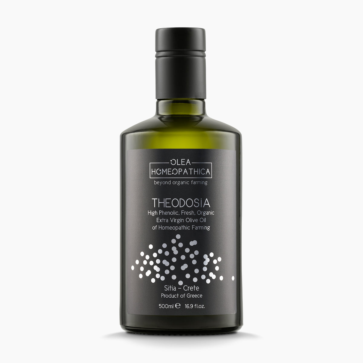 A bottle of Theodosia Homeopathic Koroneiki extra virgin olive oil from Crete, Greece.