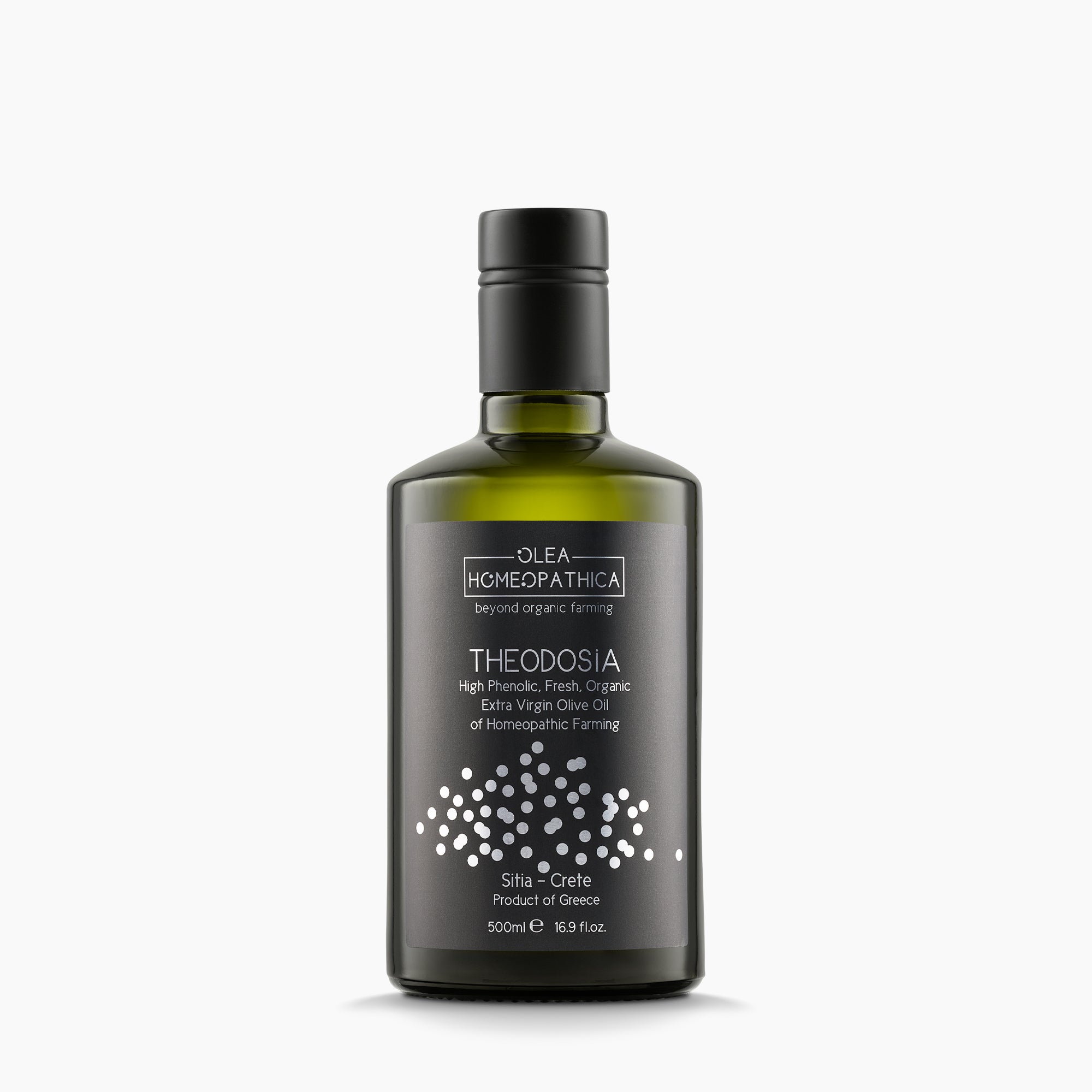 A bottle of Theodosia Homeopathic Koroneiki extra virgin olive oil from Crete, Greece.