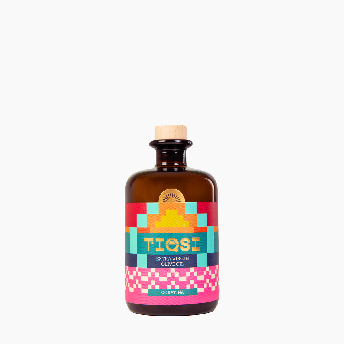 500 ml bottle of TIQSI Coratina Peruvian extra virgin olive oil.
