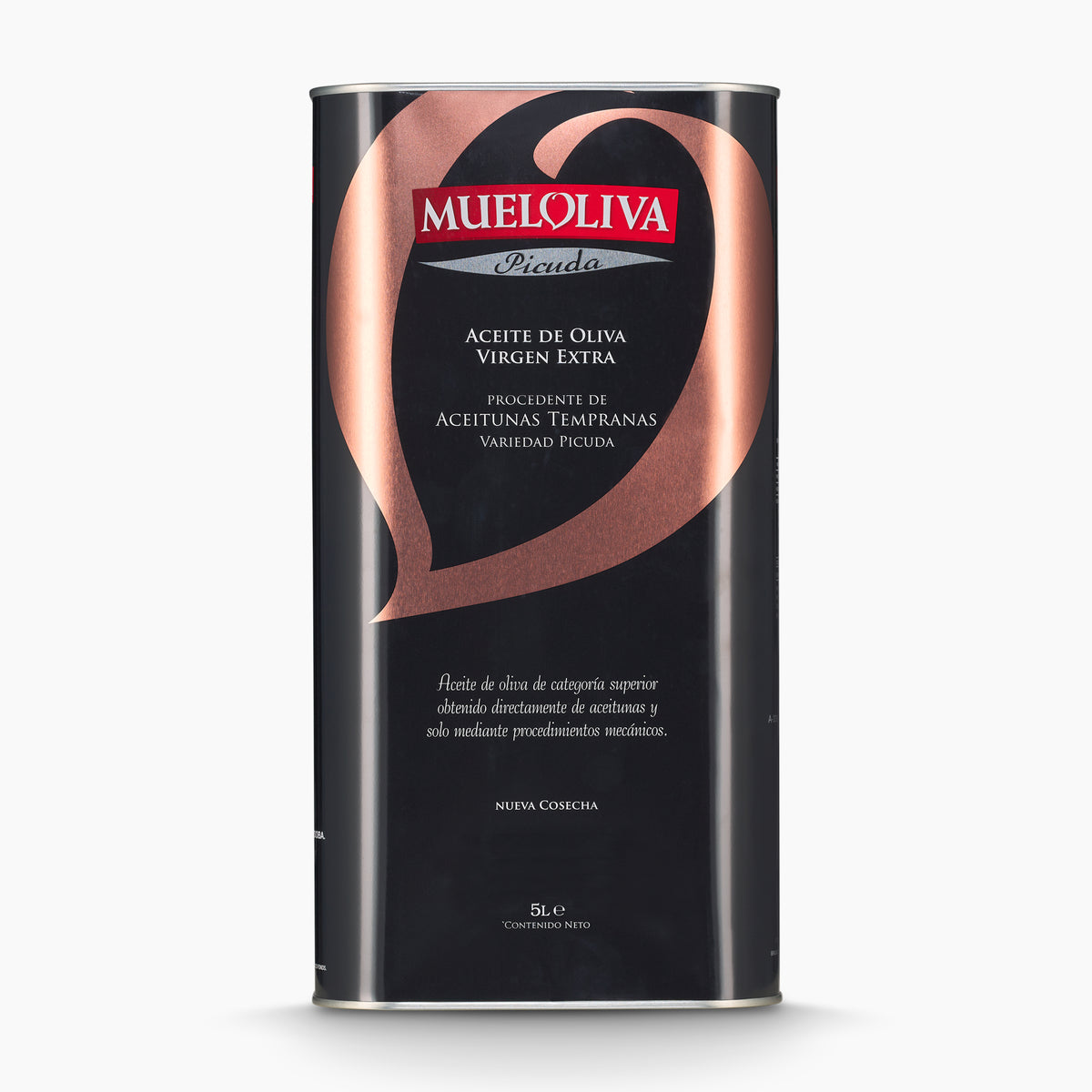 A 5L Tin of Mueloliva Picuda extra virgin olive oil from Andalusia, Spain.
