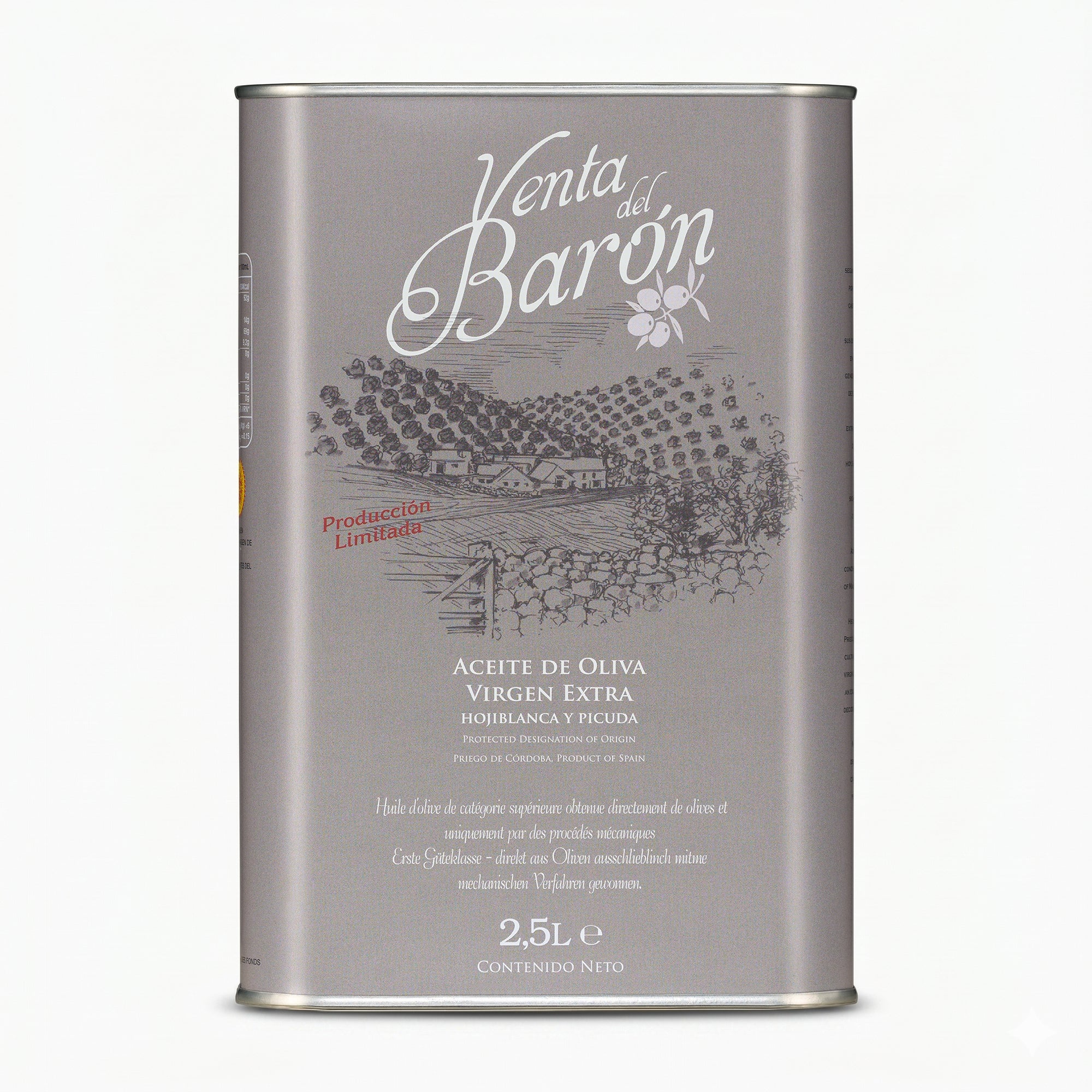 A 2.5L Tin of Venta del Baron Spanish extra virgin olive oil.