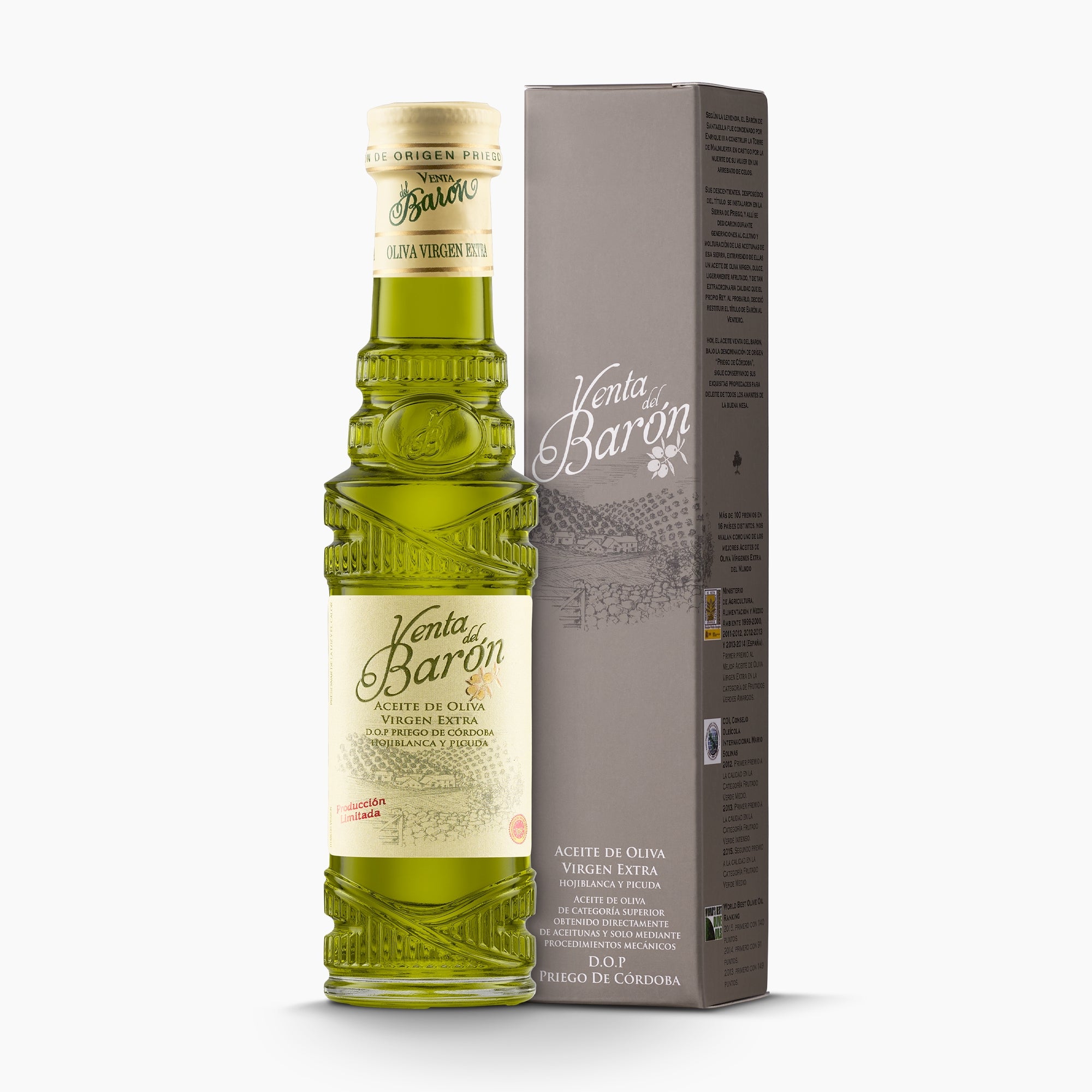 100 ml bottle of Venta del Baron extra virgin olive oil and its gift box.
