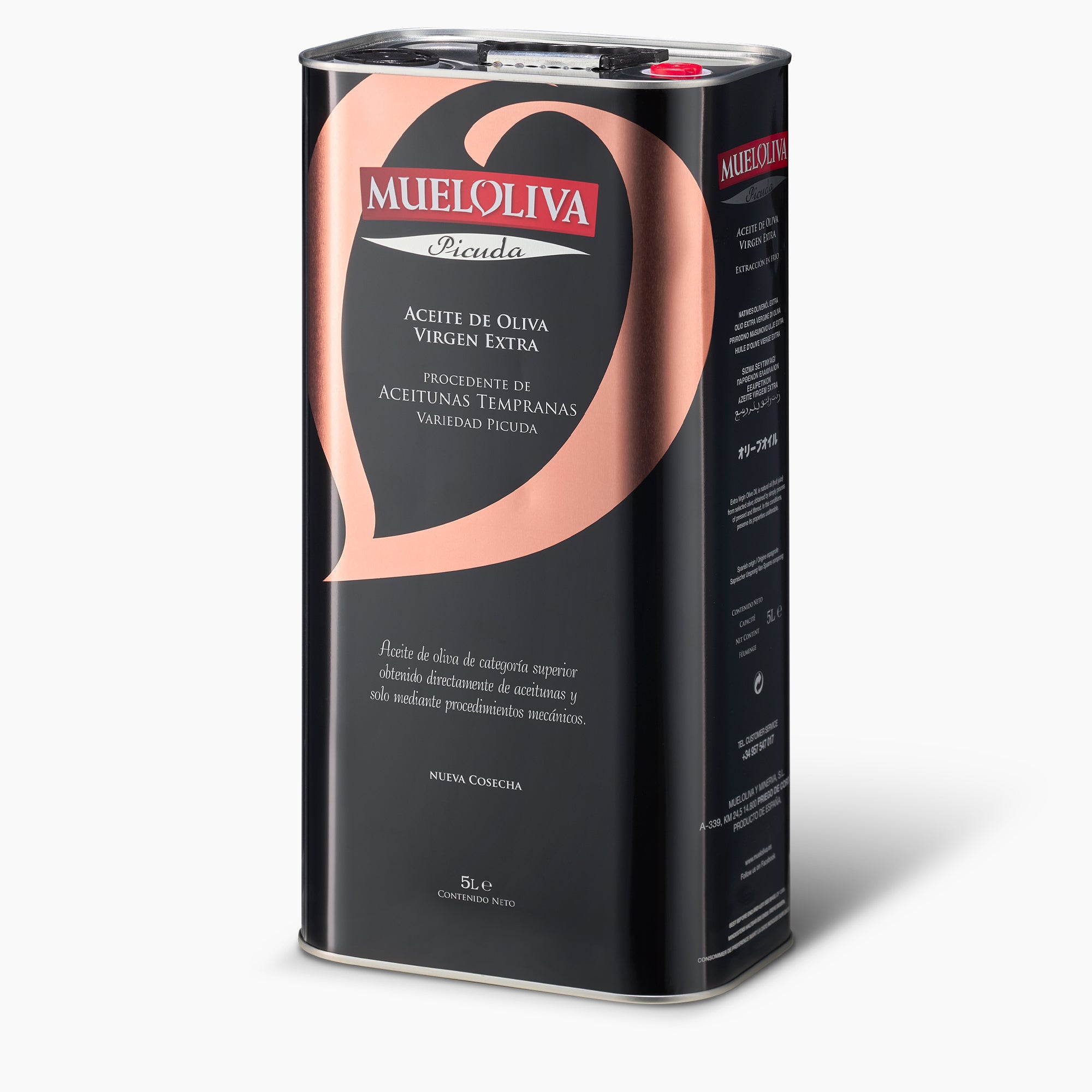 Angled view of Mueloliva Picuda 5L Tin extra virgin olive oil from Spain.