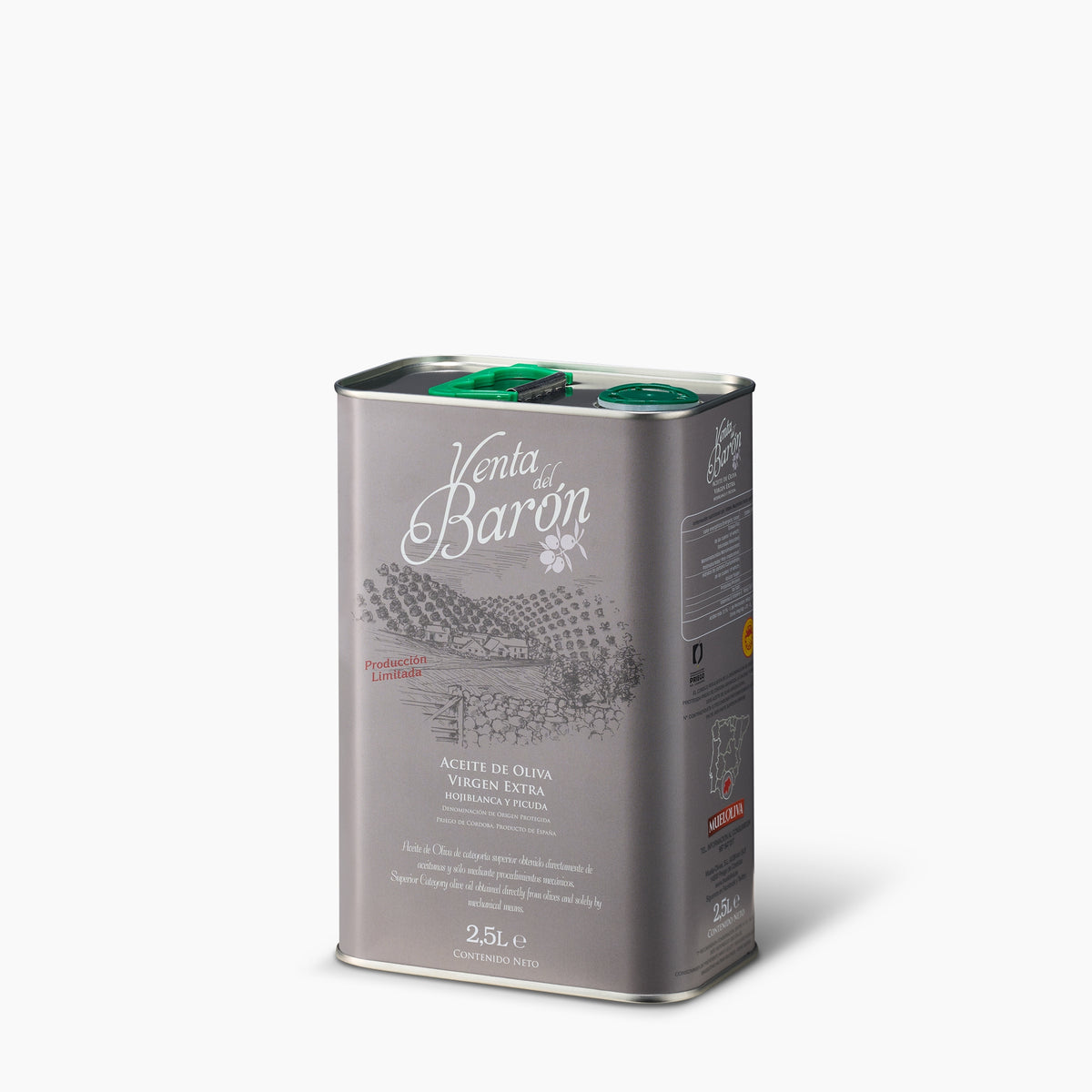 Angled view of Venta del Baron 2.5L extra virgin olive oil tin from Spain.
