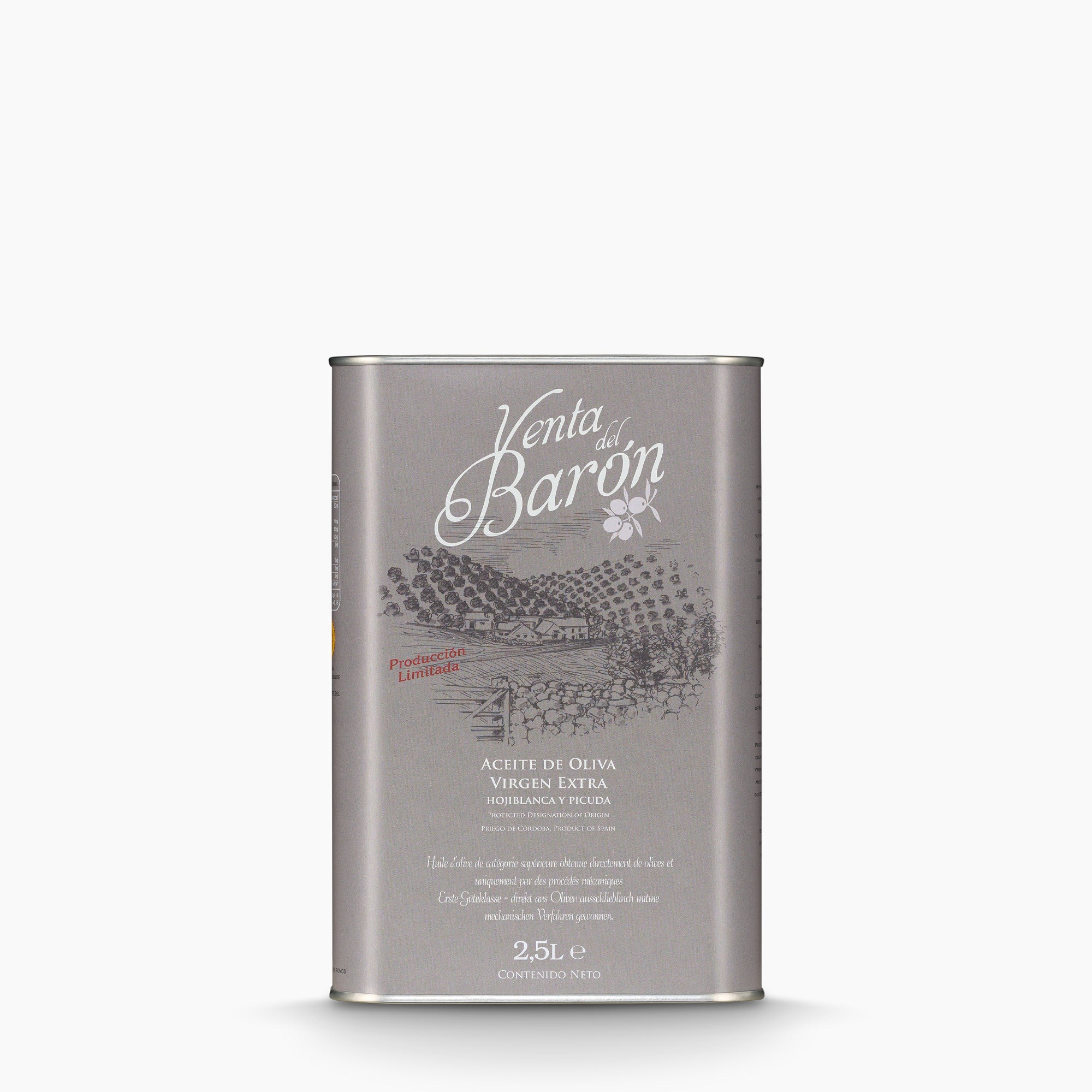 A 2.5L Tin of Venta del Baron Spanish extra virgin olive oil.