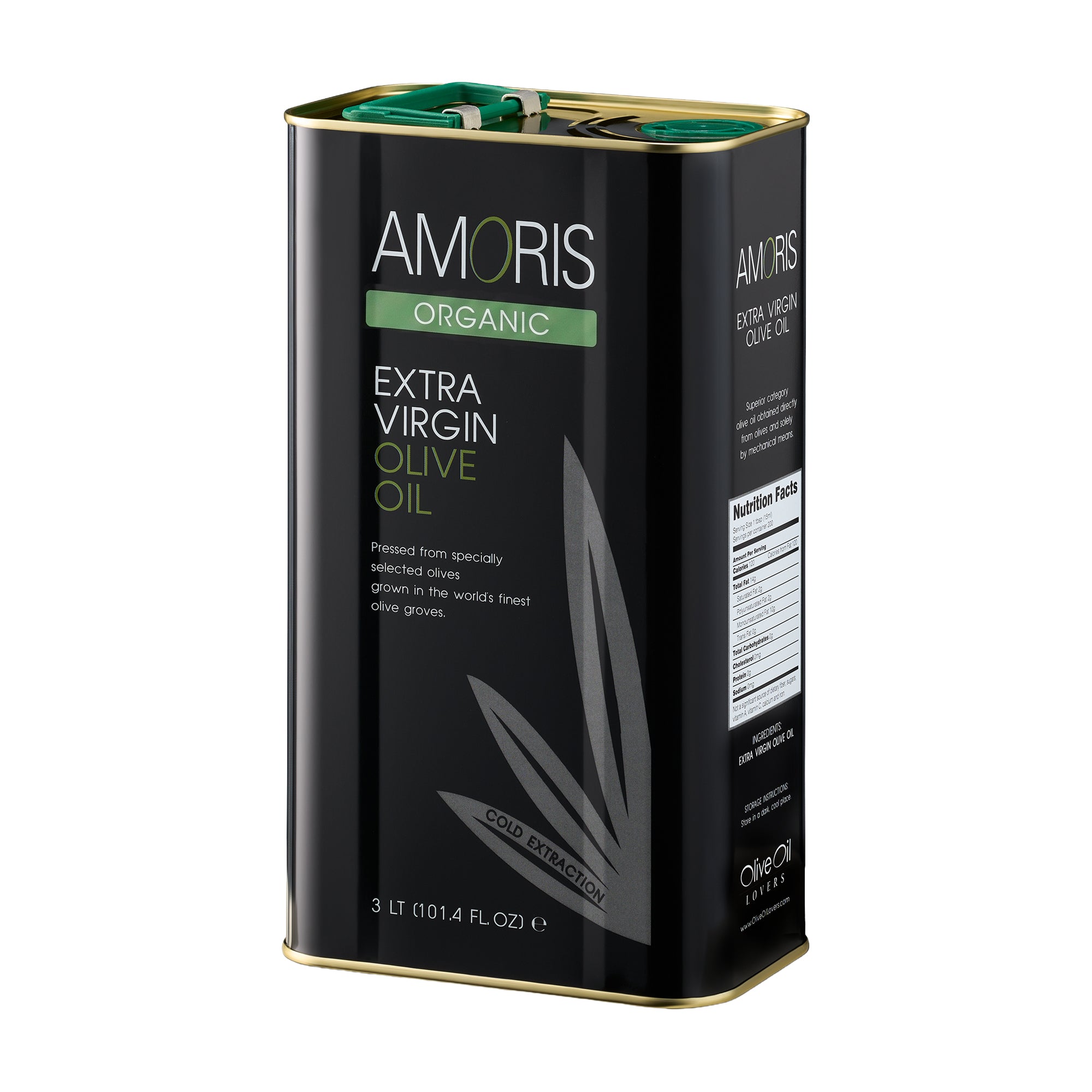Angled view of Amoris Organic 3L Tin extra virgin olive oil, from Crete, Greece.