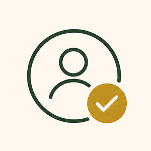 Icon of a person with a check mark inside a circle on a beige background.