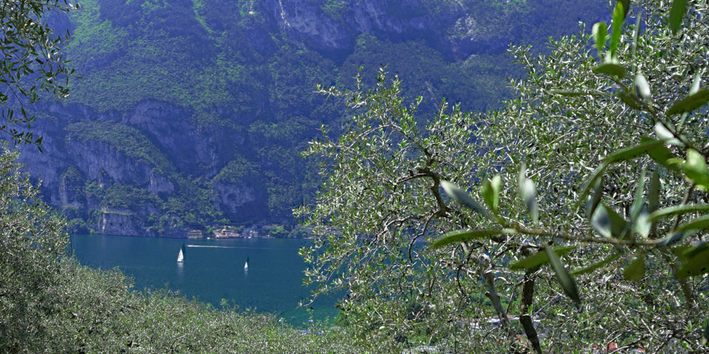 View of Lake Garda’s blue waters, surrounded by mountains in Italy.