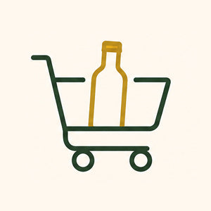 Icon of a shopping cart with two bottles inside on a beige background.