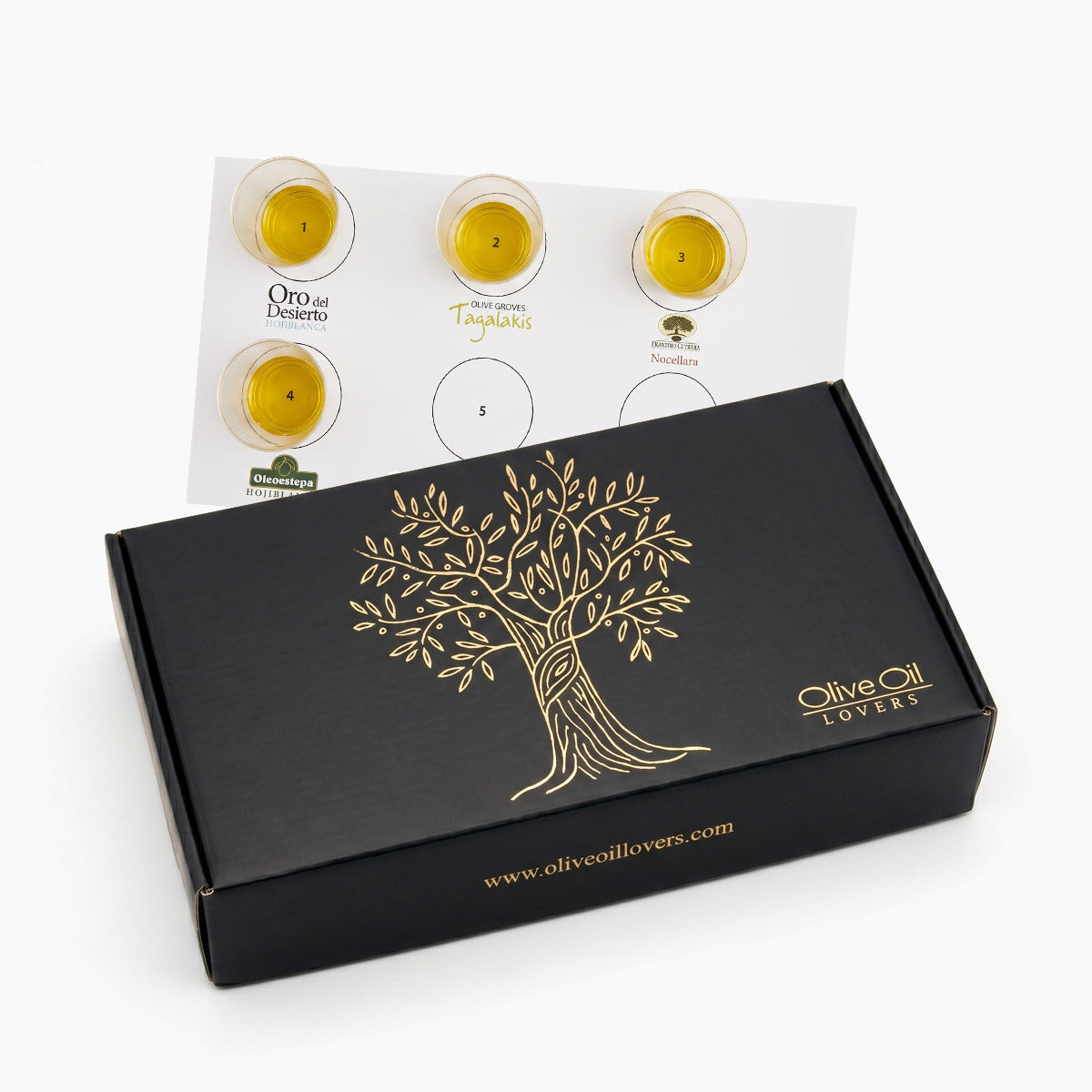 Olive Oil Lovers Tasting Kit gift box with tasting mat and four filled cups.